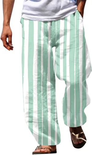 Striped Linen Pants Men Straight Legs Elastic Waist Drawstring Long Pants Lightweight Breathable Yoga Beach Trousers