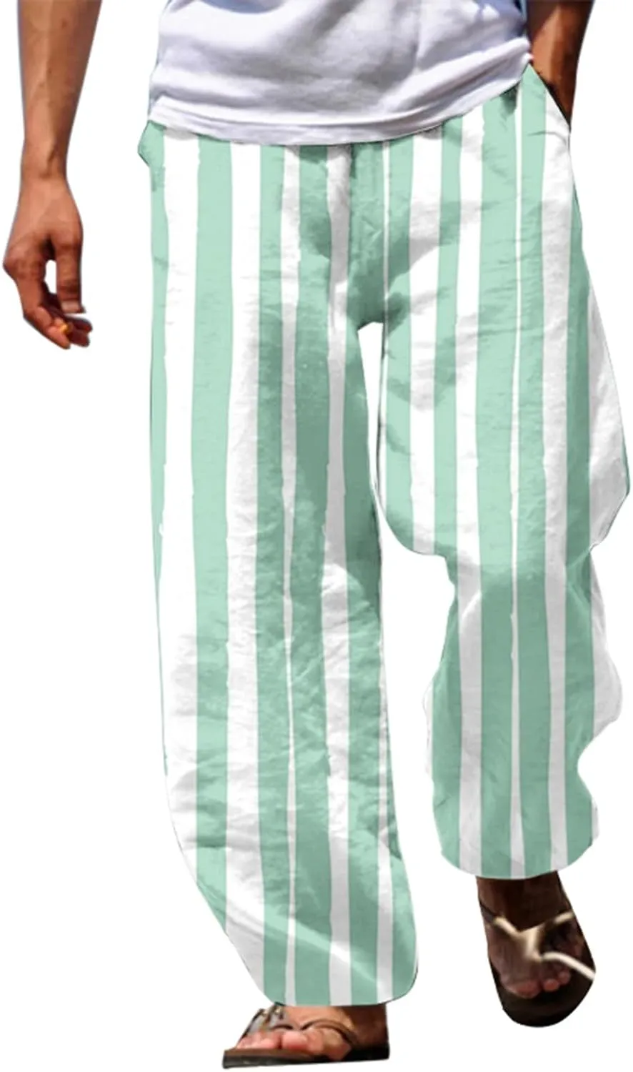 Striped Linen Pants Men Straight Legs Elastic Waist Drawstring Long Pants Lightweight Breathable Yoga Beach Trousers