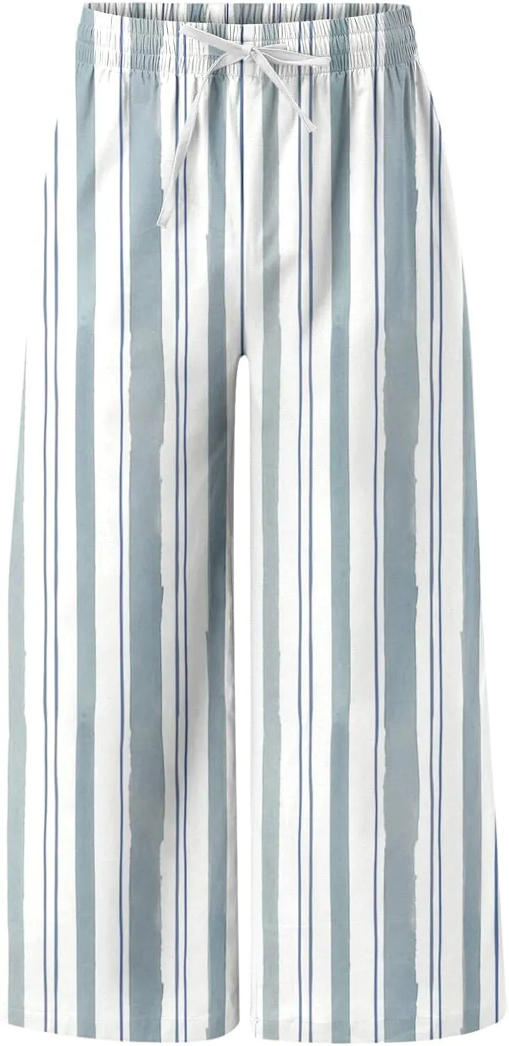 Striped Linen Pants Men Straight Legs Elastic Waist Drawstring Long Pants Lightweight Breathable Yoga Beach Trousers
