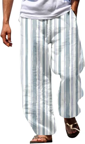 Striped Linen Pants Men Straight Legs Elastic Waist Drawstring Long Pants Lightweight Breathable Yoga Beach Trousers