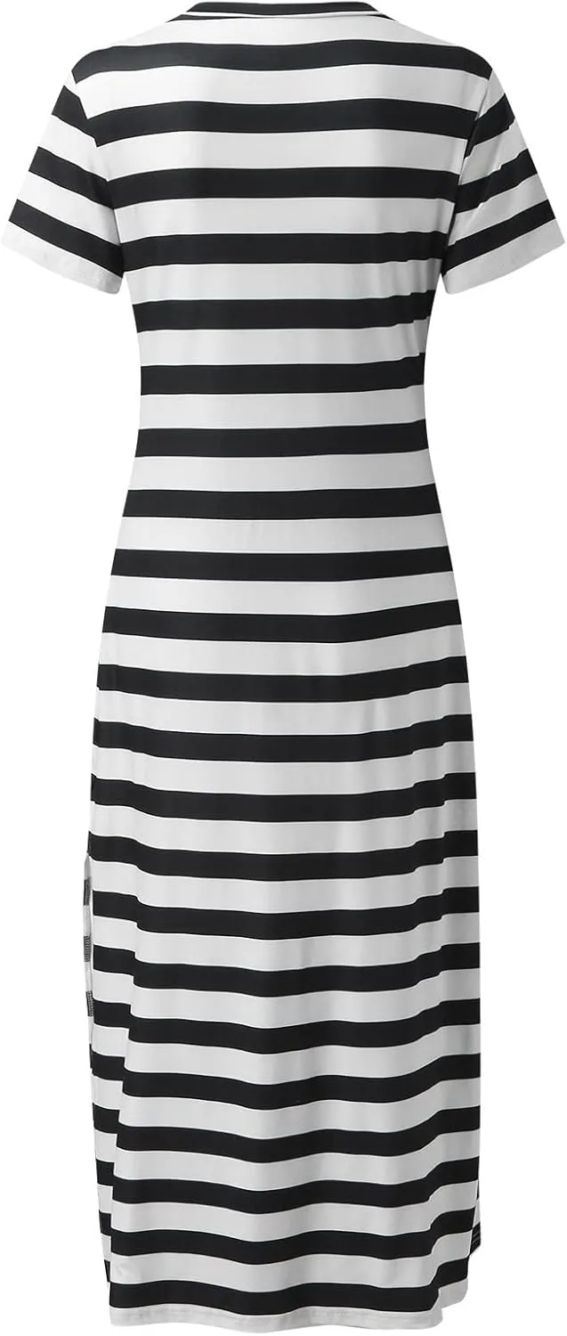 Striped Maxi Dresses for Women 2025 Double Split Summer Casual Dress Fashion V Neck Short Sleeve T Shirt Long Dress