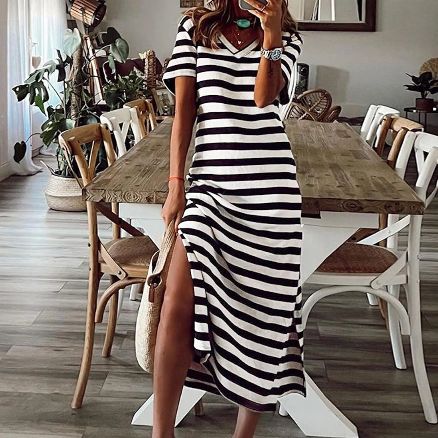 Striped Maxi Dresses for Women 2025 Double Split Summer Casual Dress Fashion V Neck Short Sleeve T Shirt Long Dress