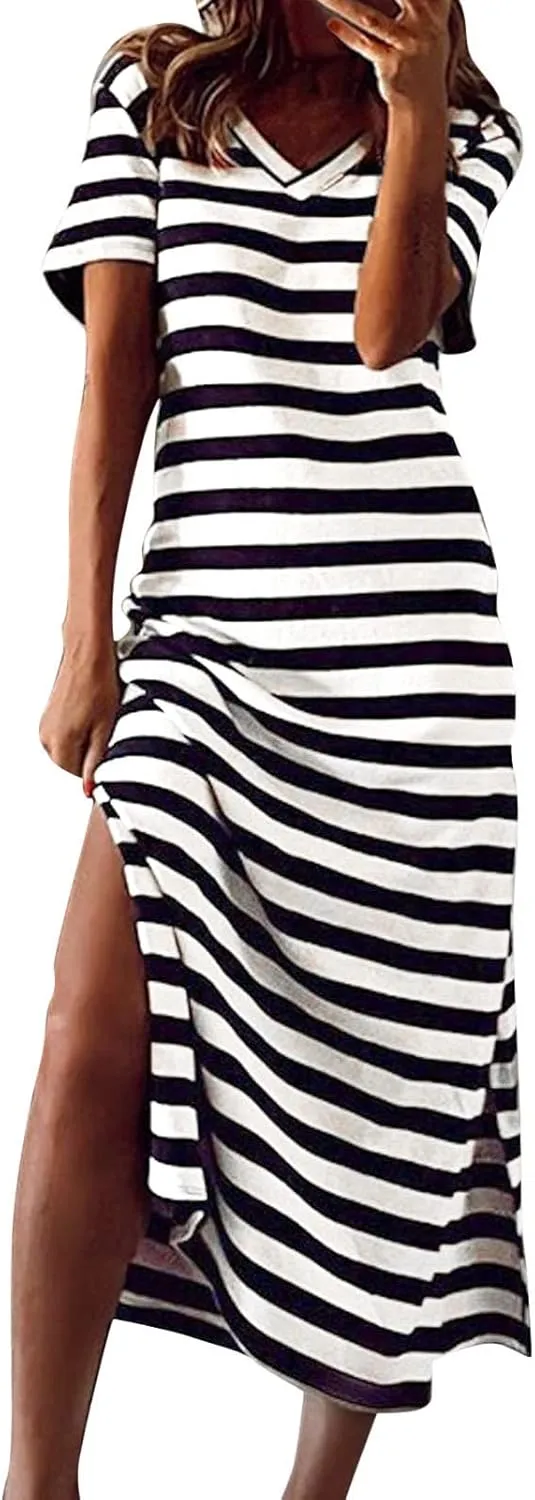 Striped Maxi Dresses for Women 2025 Double Split Summer Casual Dress Fashion V Neck Short Sleeve T Shirt Long Dress