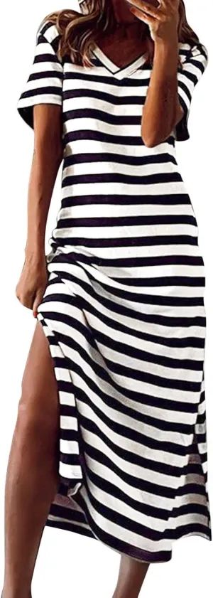 Striped Maxi Dresses for Women 2025 Double Split Summer Casual Dress Fashion V Neck Short Sleeve T Shirt Long Dress