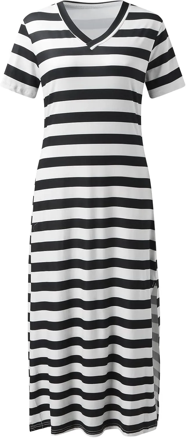 Striped Maxi Dresses for Women 2025 Double Split Summer Casual Dress Fashion V Neck Short Sleeve T Shirt Long Dress