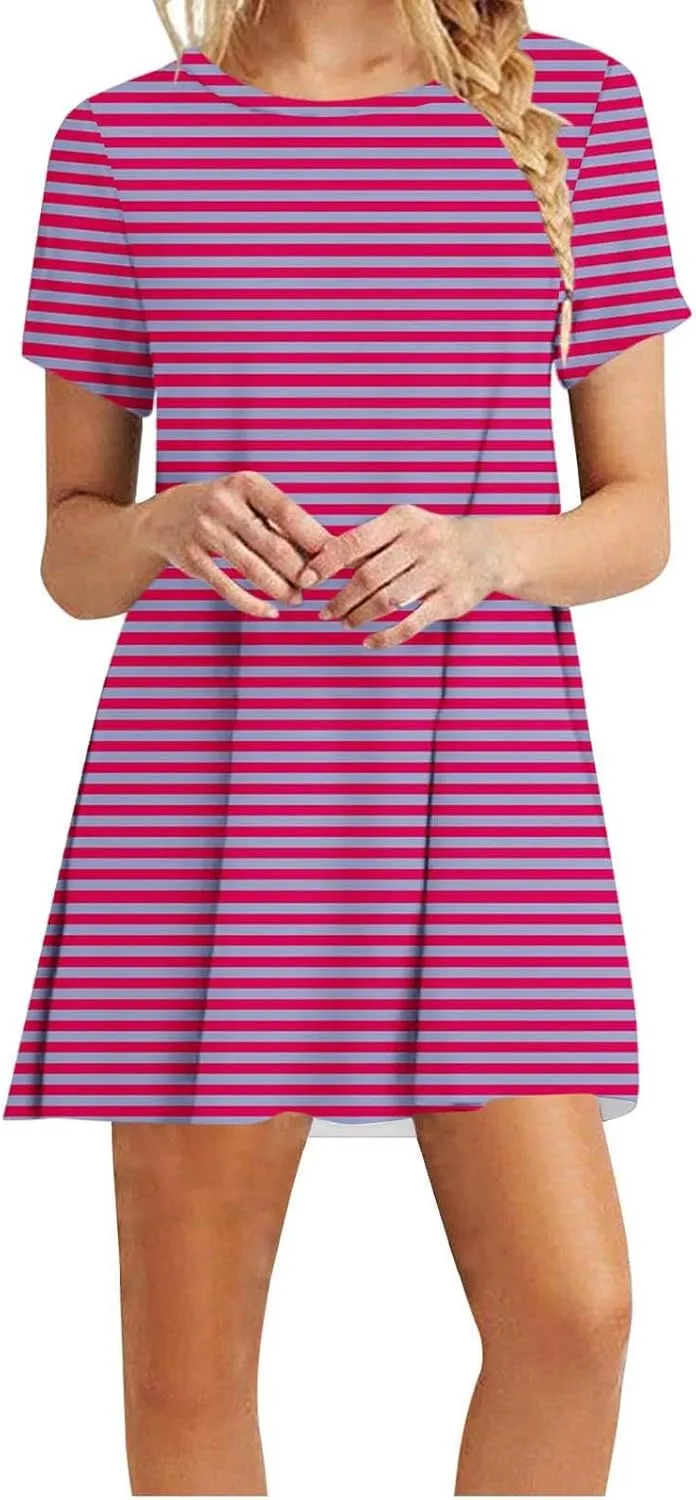 Striped T Shirt Dress for Women Summer Short Sleeve Dress Crew Neck Loose Dress Trendy Casal Dress Sun Beach Dress