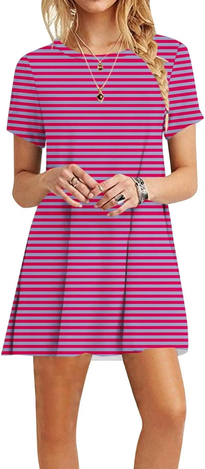 Striped T Shirt Dress for Women Summer Short Sleeve Dress Crew Neck Loose Dress Trendy Casal Dress Sun Beach Dress