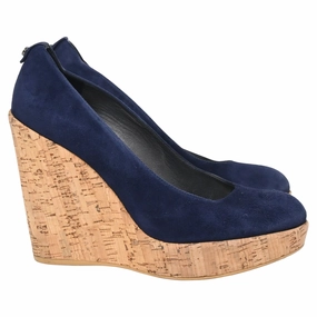 Stuart Weitzman Corkswoon Wedge Pumps in Navy Blue Suede Classic Style