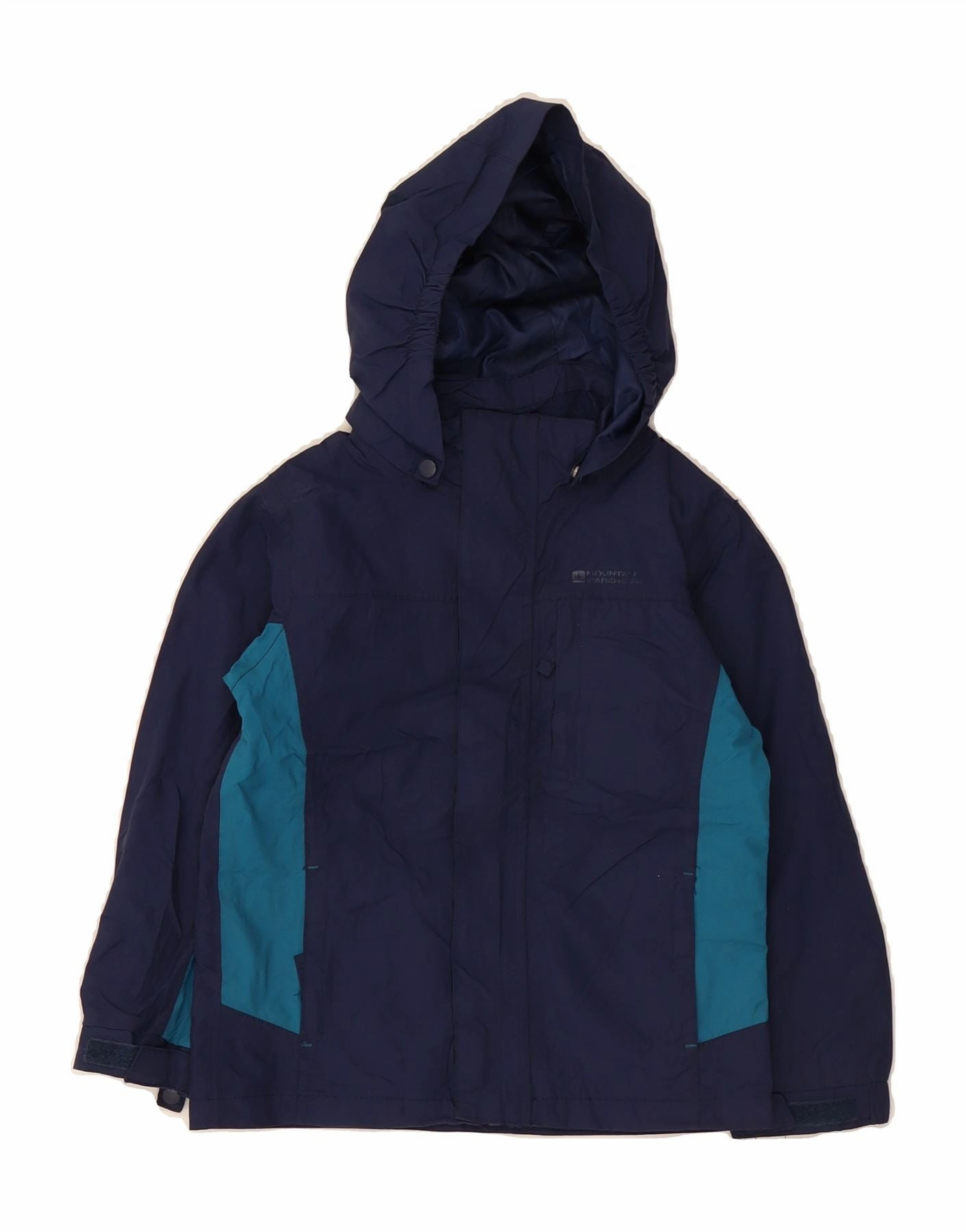 Zippered Vents Hidden pockets MOUNTAIN WAREHOUSE Boys Hooded Rain Jacket 5-6 Years Navy Blue Colourblock