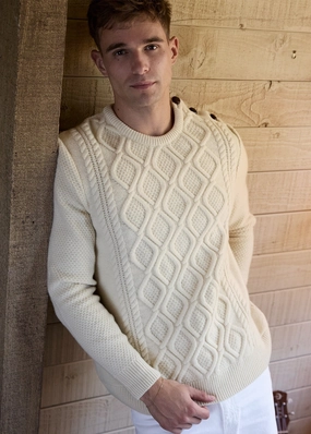 NYON - Cable Knit Sweater with Leather Buttons for Men  (WINTER WHITE) Winter Knit Layer Anti Pilling Surface
