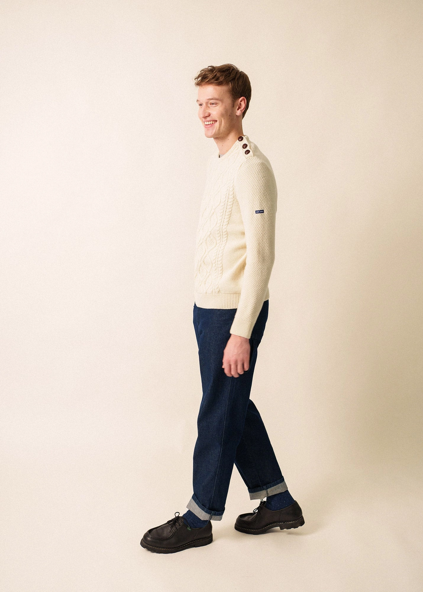NYON - Cable Knit Sweater with Leather Buttons for Men  (WINTER WHITE) Cozy Layered Wear Snuggly Feel