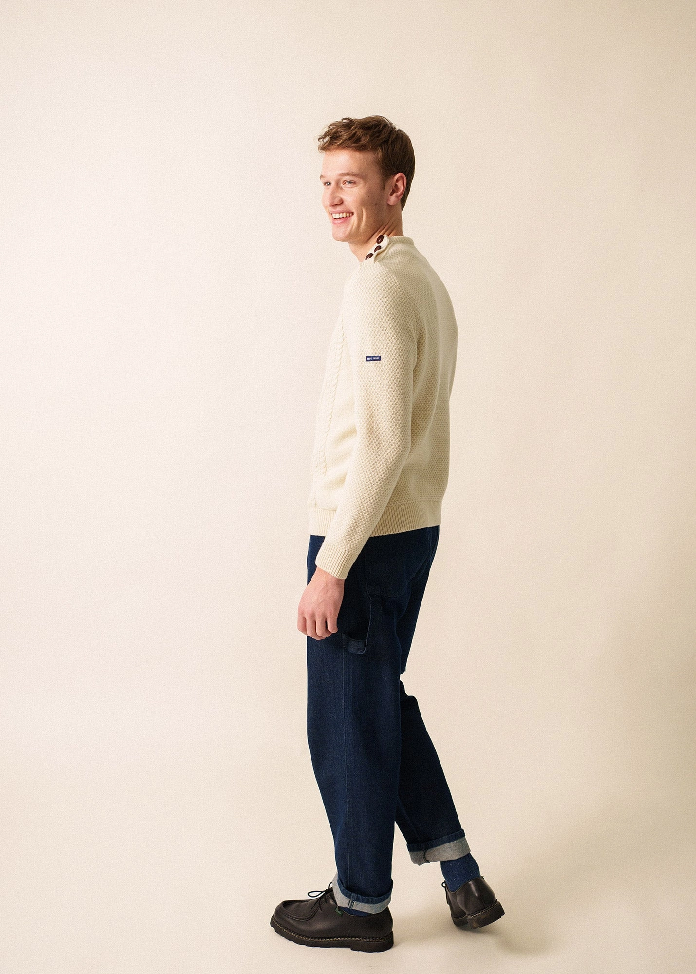 Timeless Layering Warm Outfit NYON - Cable Knit Sweater with Leather Buttons for Men  (WINTER WHITE)