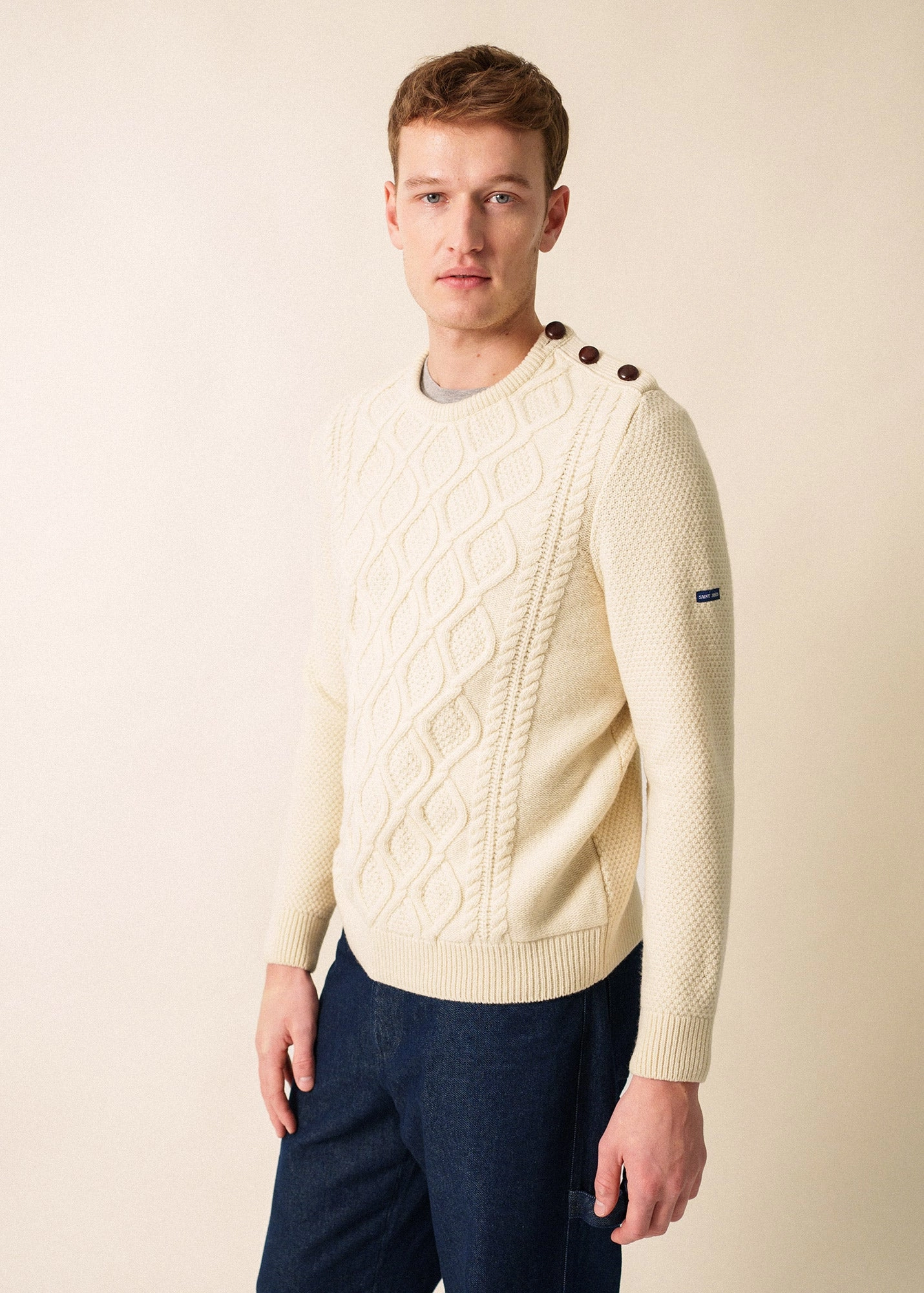 Winter Essentials Chilly Layer NYON - Cable Knit Sweater with Leather Buttons for Men  (WINTER WHITE)