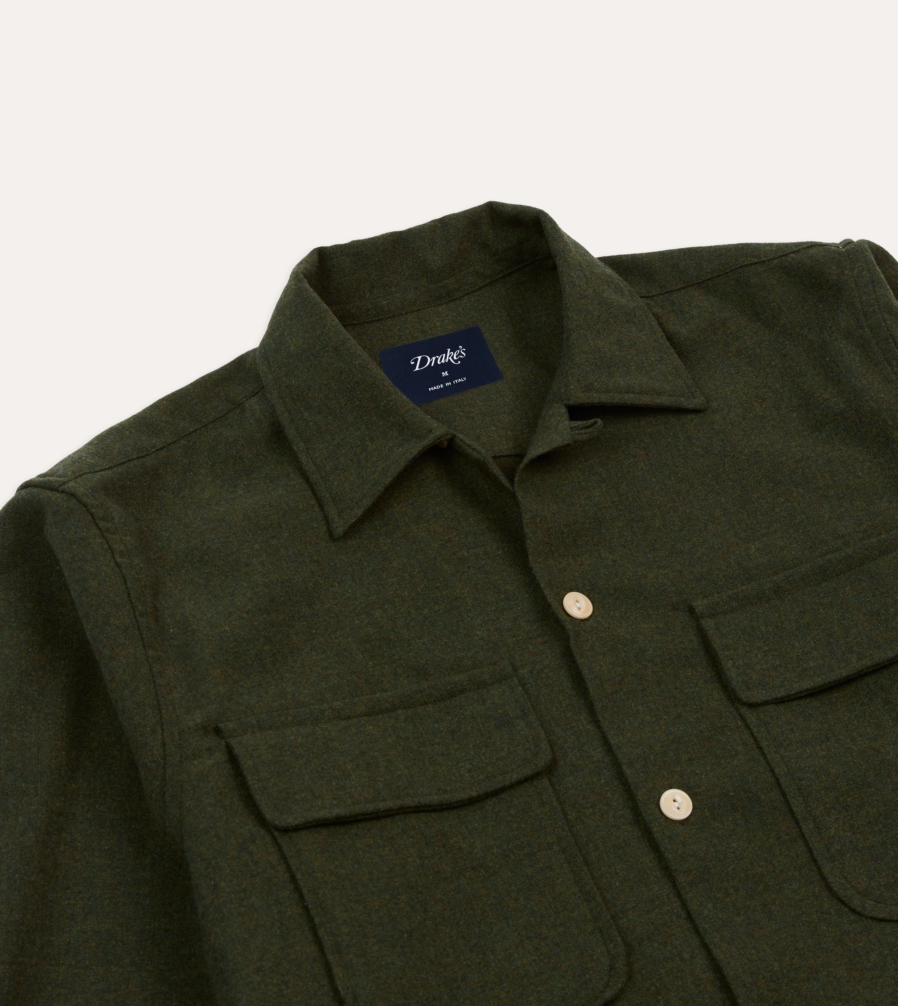 Dark Green Wool Two-Pocket Camp Collar Work Shirt Ergonomic Back Panel Retro Vibe