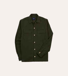 Embellished Neckline Dark Green Wool Two-Pocket Camp Collar Work Shirt