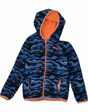 PUMA Boys Hooded Fleece Jacket 5-6 Years Blue Camouflage Polyester Elastic Cuff Mechanism suitable for beach vacations