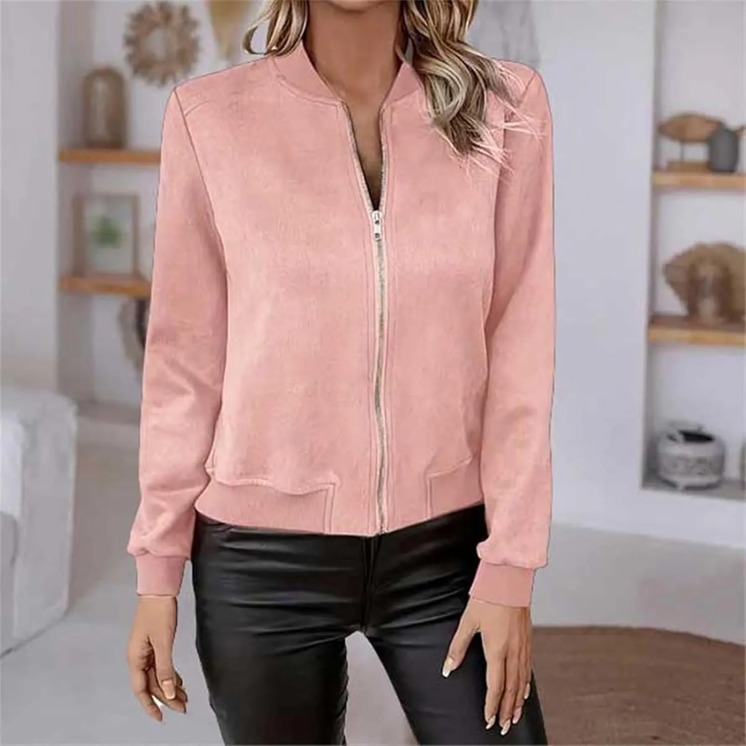 Suede Jacket Women Cropped Zip Up Bomber Jackets Dressy Casual Long Sleeve Biker Moto Jacket Fall Coat Outerwear