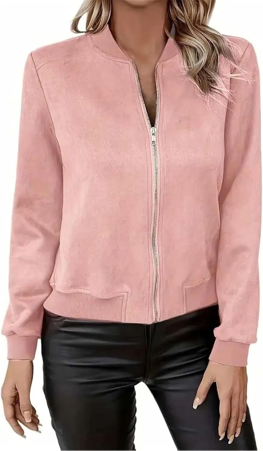 Suede Jacket Women Cropped Zip Up Bomber Jackets Dressy Casual Long Sleeve Biker Moto Jacket Fall Coat Outerwear