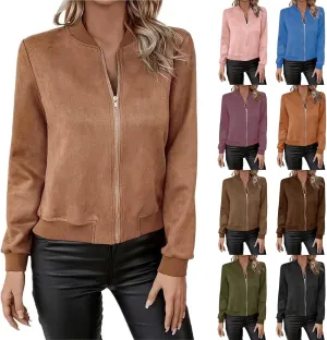 Suede Jacket Women Cropped Zip Up Bomber Jackets Dressy Casual Long Sleeve Biker Moto Jacket Fall Coat Outerwear