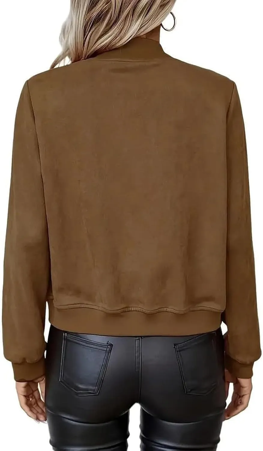 Suede Jacket Women Cropped Zip Up Bomber Jackets Dressy Casual Long Sleeve Biker Moto Jacket Fall Coat Outerwear