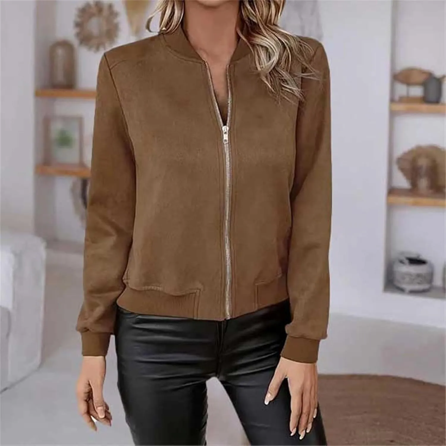 Suede Jacket Women Cropped Zip Up Bomber Jackets Dressy Casual Long Sleeve Biker Moto Jacket Fall Coat Outerwear