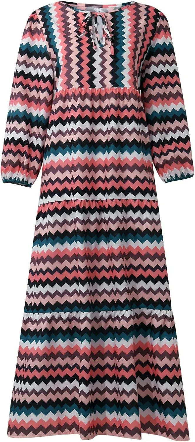 Summer Boho Dresses for Women 2025 Puff Sleeve Flower Geometric Maxi Dress Comfy Tiered Gingham Long Flowy Dress