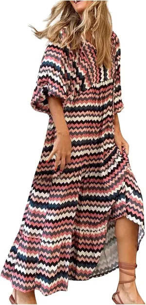Summer Boho Dresses for Women 2025 Puff Sleeve Flower Geometric Maxi Dress Comfy Tiered Gingham Long Flowy Dress