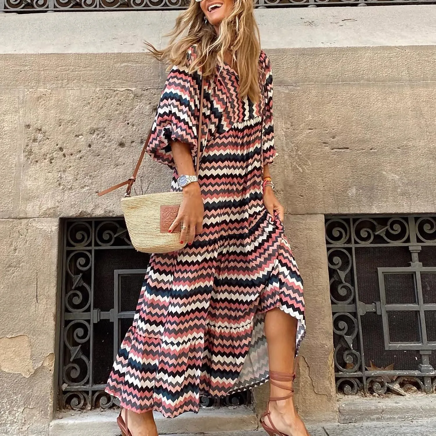 Summer Boho Dresses for Women 2025 Puff Sleeve Flower Geometric Maxi Dress Comfy Tiered Gingham Long Flowy Dress
