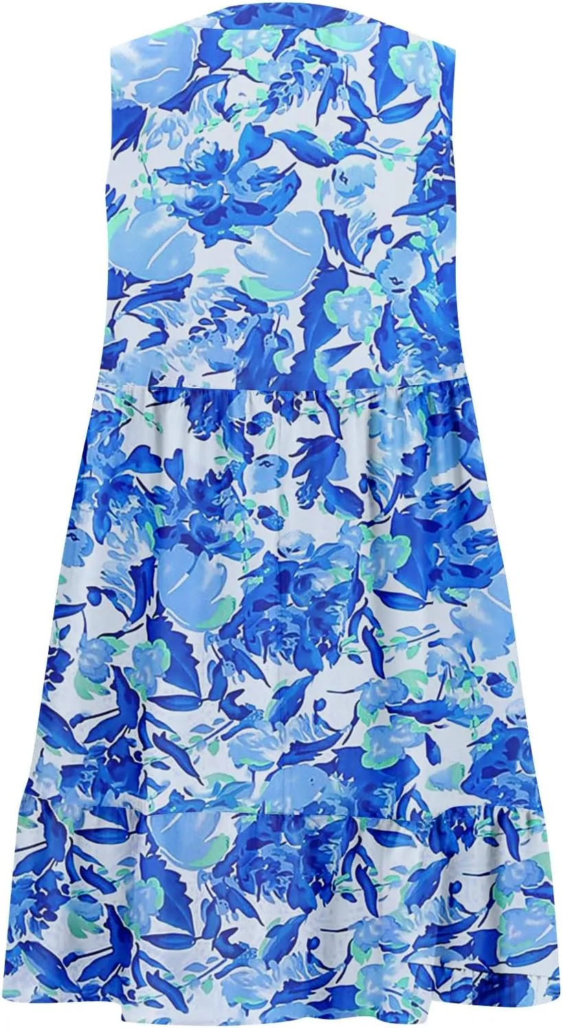 Summer Boho Dresses for Women Sleeveless V Neck Mini Dresses Loose Ruffle Aline Sundresses Casual Beach Cover Up Dress