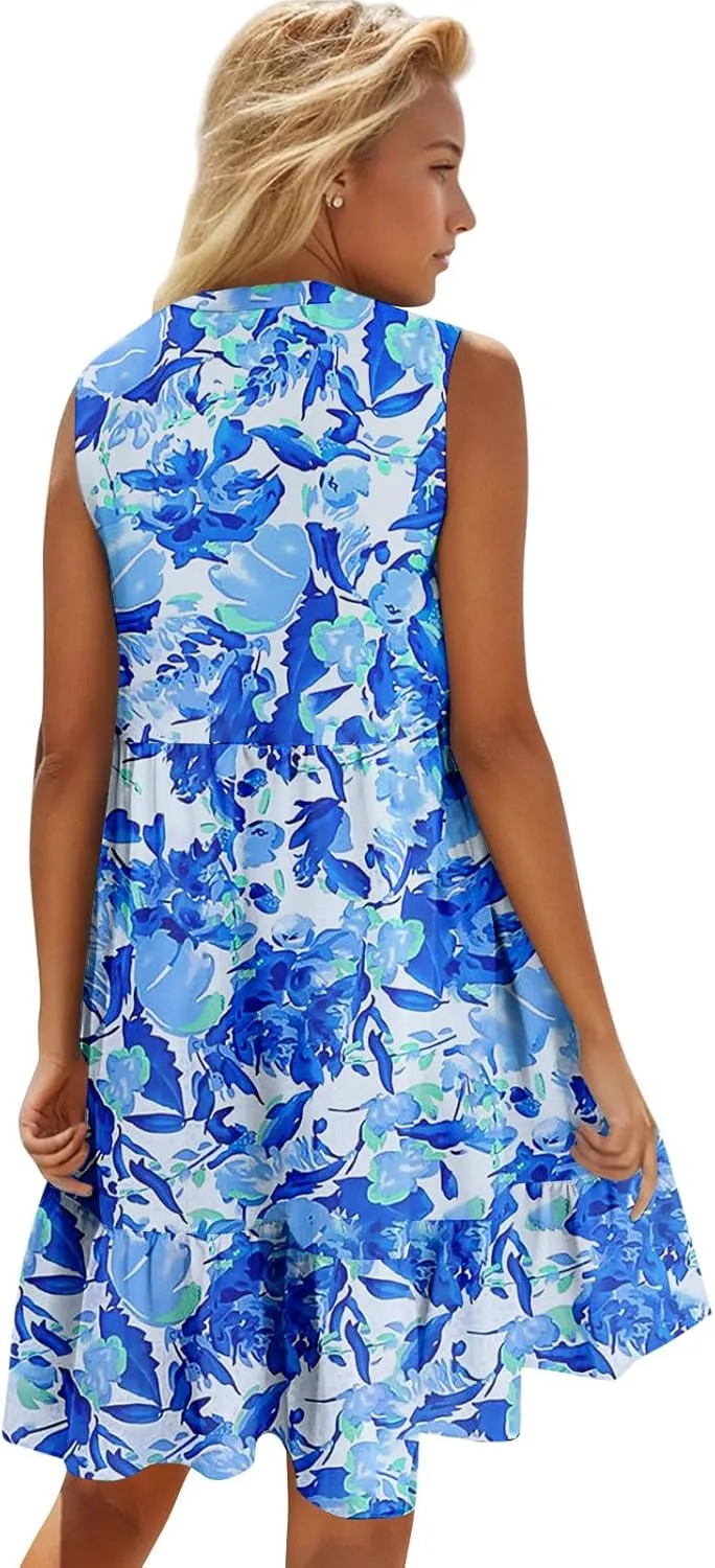 Summer Boho Dresses for Women Sleeveless V Neck Mini Dresses Loose Ruffle Aline Sundresses Casual Beach Cover Up Dress