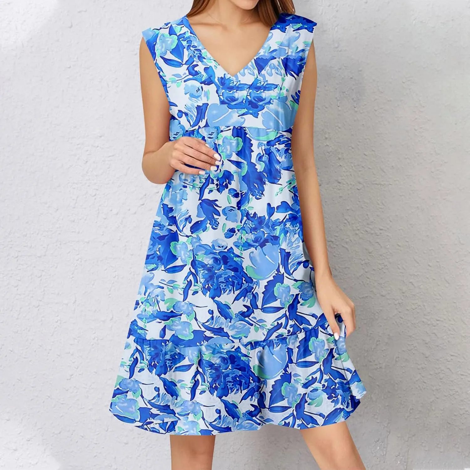 Summer Boho Dresses for Women Sleeveless V Neck Mini Dresses Loose Ruffle Aline Sundresses Casual Beach Cover Up Dress