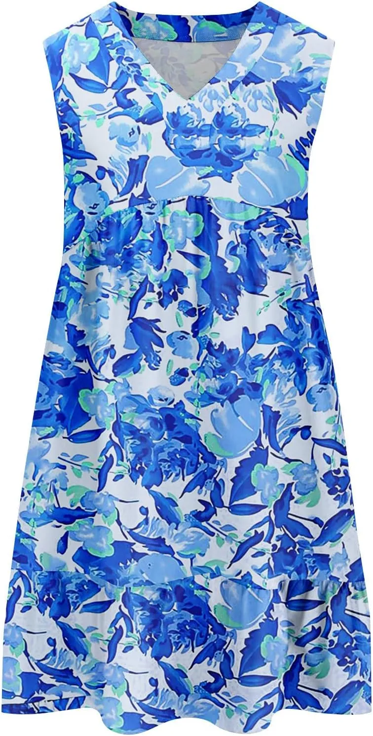 Summer Boho Dresses for Women Sleeveless V Neck Mini Dresses Loose Ruffle Aline Sundresses Casual Beach Cover Up Dress