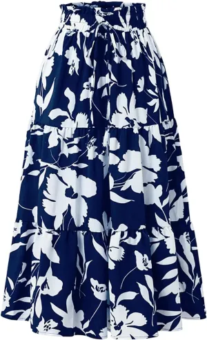 Summer Boho Floral Print Casual Skirt for Women, Fashion Drawstring Ruched Tiered Midi Skirts Elastic Comfy Flowy Clothes