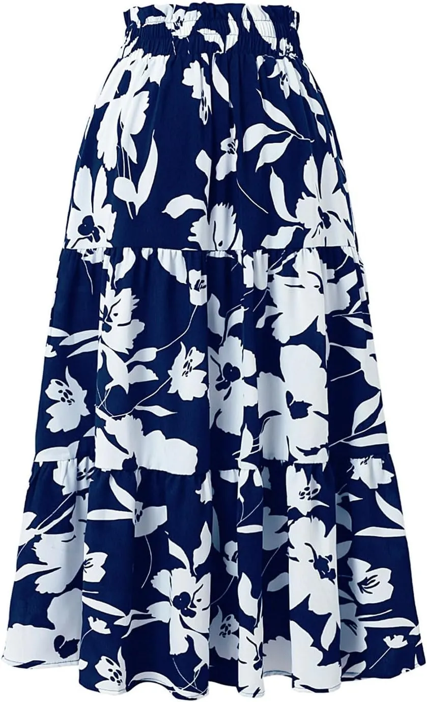 Summer Boho Floral Print Casual Skirt for Women, Fashion Drawstring Ruched Tiered Midi Skirts Elastic Comfy Flowy Clothes