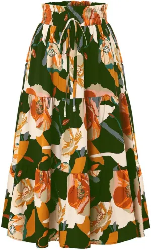Summer Boho Floral Print Casual Skirt for Women, Fashion Drawstring Ruched Tiered Midi Skirts Elastic Comfy Flowy Clothes