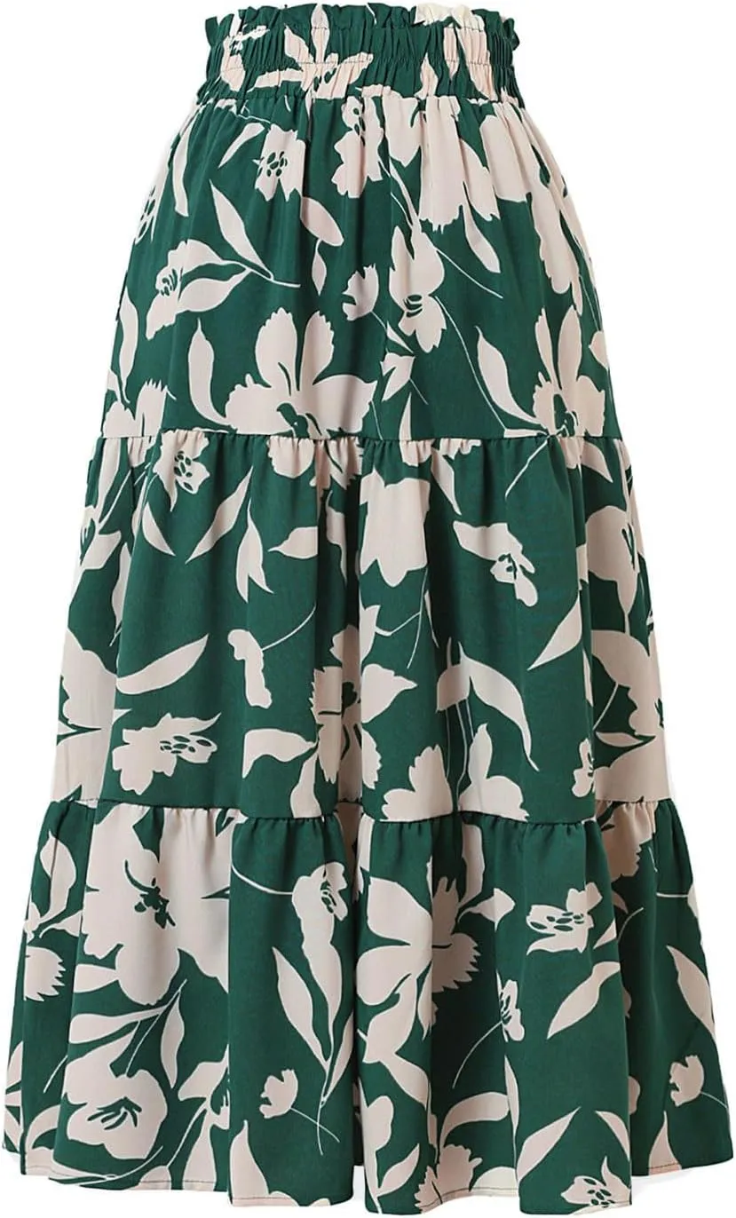 Summer Boho Floral Print Casual Skirt for Women, Fashion Drawstring Ruched Tiered Midi Skirts Elastic Comfy Flowy Clothes