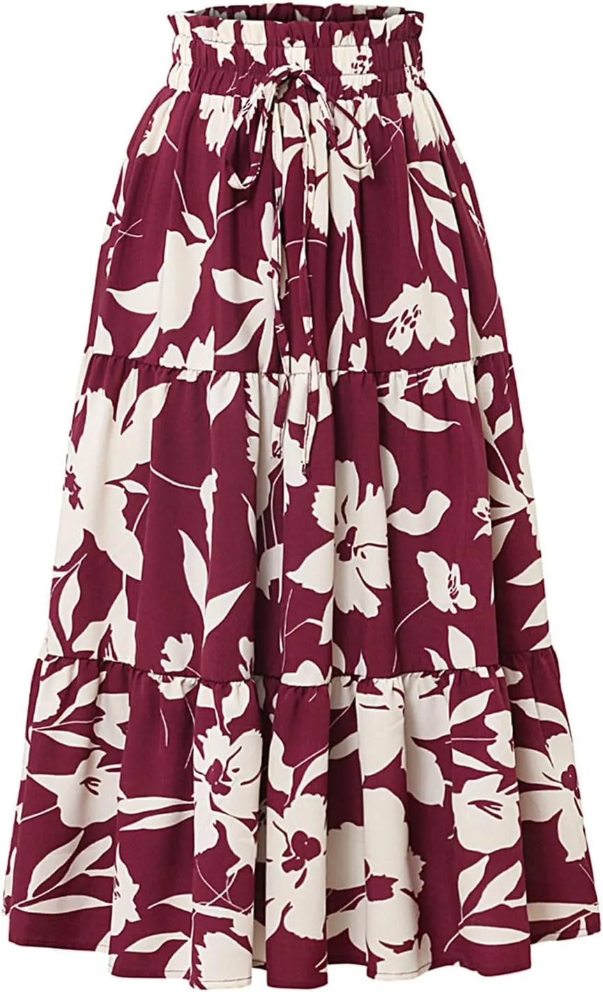 Summer Boho Floral Print Casual Skirt for Women, Fashion Drawstring Ruched Tiered Midi Skirts Elastic Comfy Flowy Clothes
