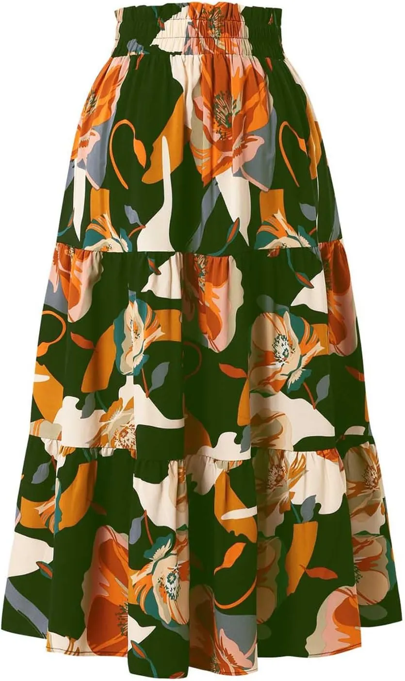 Summer Boho Floral Print Casual Skirt for Women, Fashion Drawstring Ruched Tiered Midi Skirts Elastic Comfy Flowy Clothes
