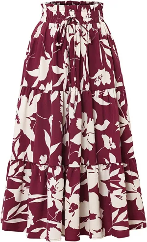 Summer Boho Floral Print Casual Skirt for Women, Fashion Drawstring Ruched Tiered Midi Skirts Elastic Comfy Flowy Clothes