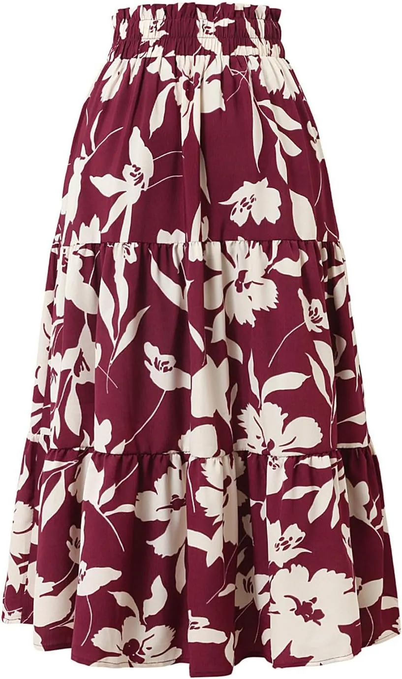 Summer Boho Floral Print Casual Skirt for Women, Fashion Drawstring Ruched Tiered Midi Skirts Elastic Comfy Flowy Clothes
