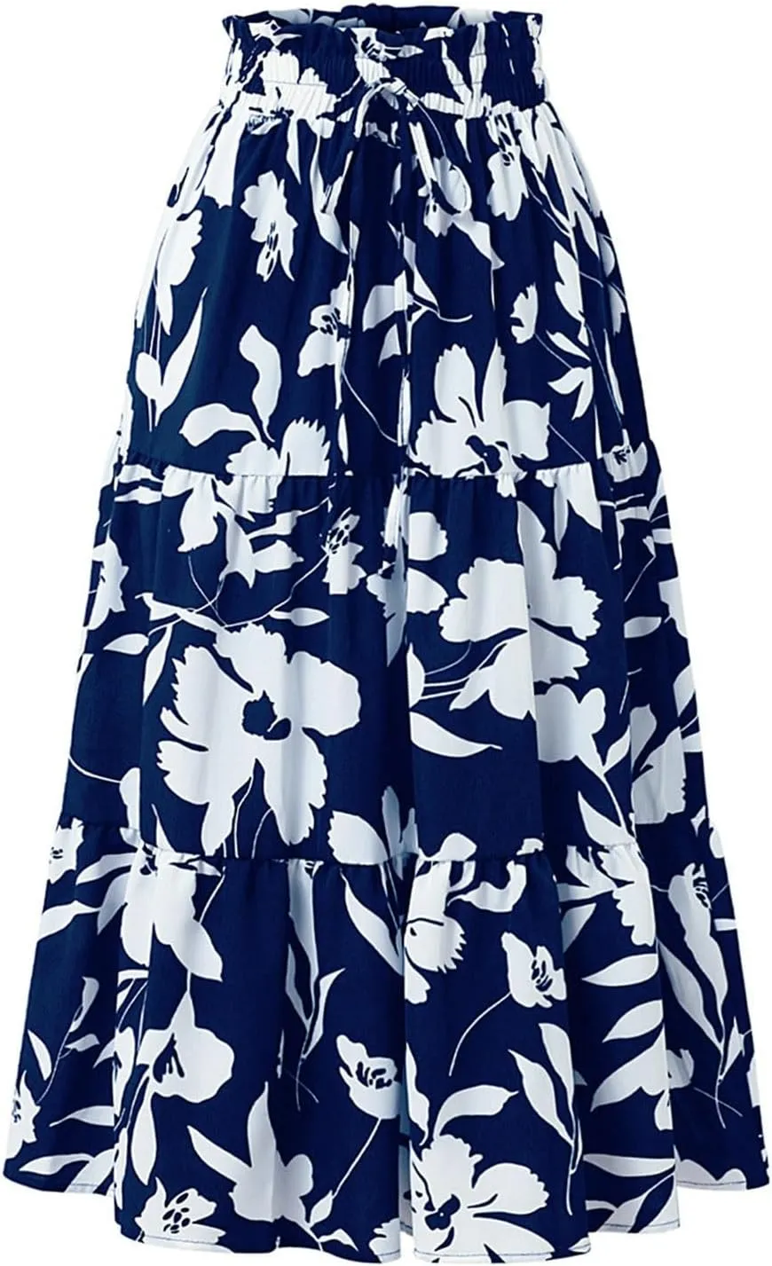 Summer Boho Floral Print Casual Skirt for Women, Fashion Drawstring Ruched Tiered Midi Skirts Elastic Comfy Flowy Clothes