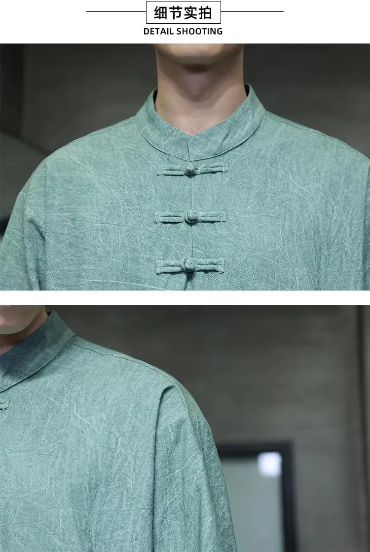 Summer Chinese Shirt for Men Cotton Linen Material Comfortable Breathable T-Shirt Tang Suit Short-Sleeved Shirt