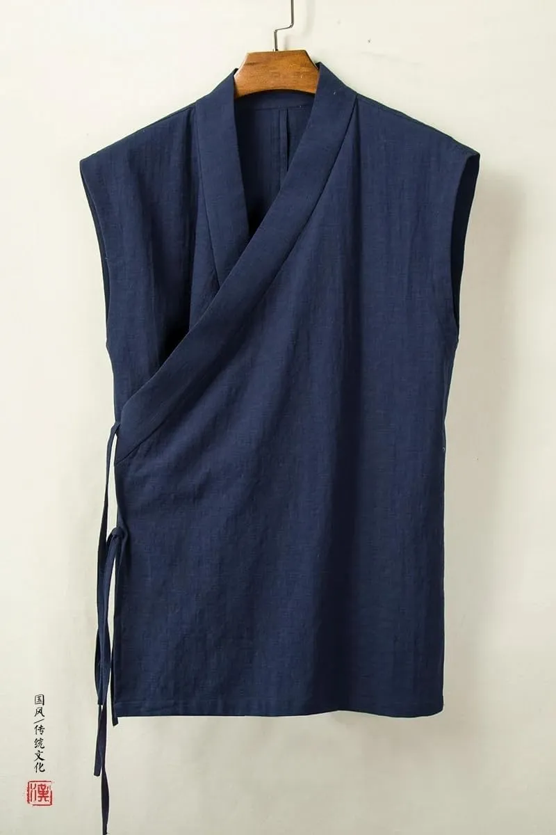 Summer Chinese Traditional Clothing Hanfu Vest Men Linen Cotton Sleeveless Top Men's Tang Suit Kimono Cardigan