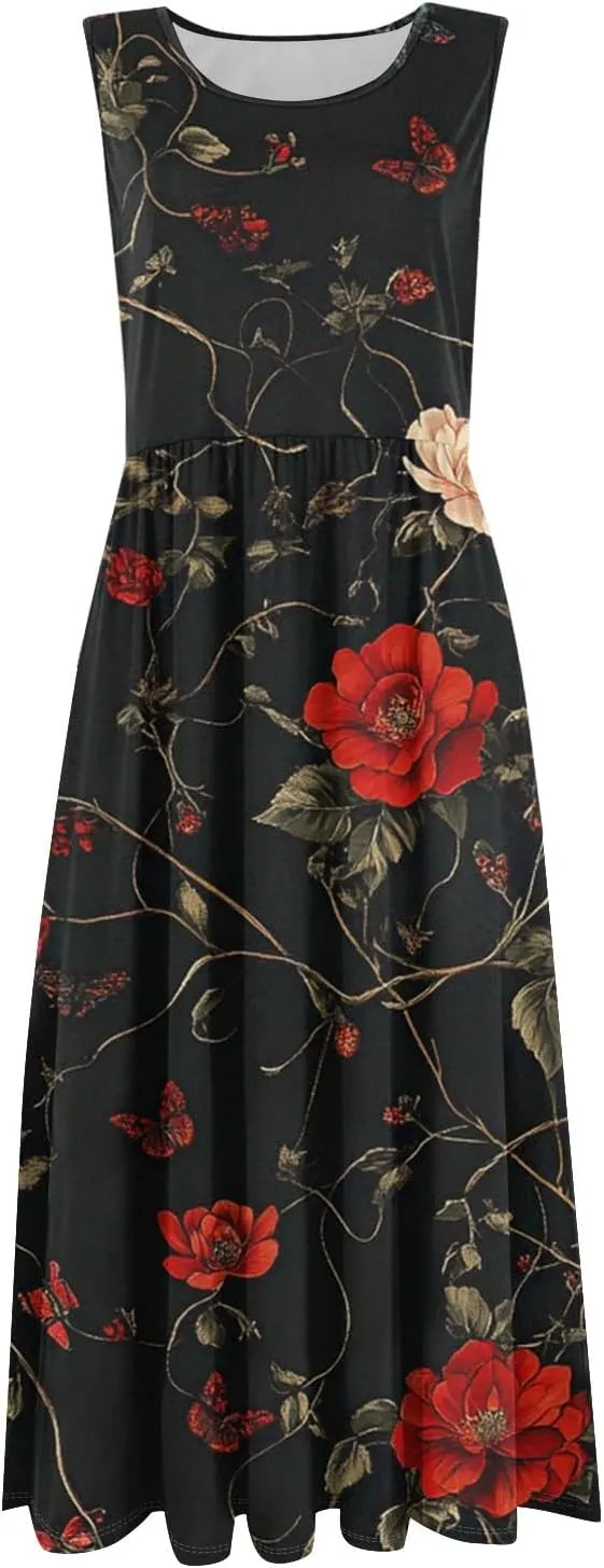 Summer Dress for Women Crewneck Sleeveless A-Line Tank Midi Dress Boho Floral Print Beach Sundresses with Pockets