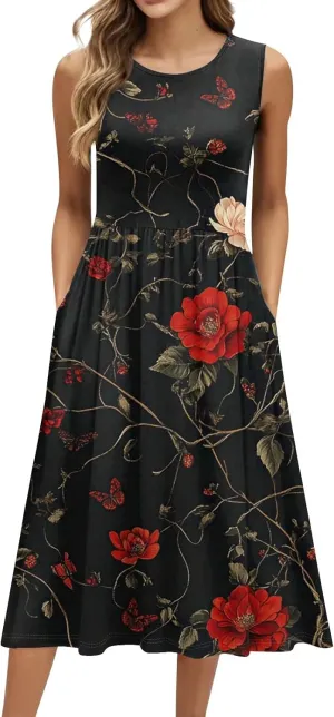 Summer Dress for Women Crewneck Sleeveless A-Line Tank Midi Dress Boho Floral Print Beach Sundresses with Pockets