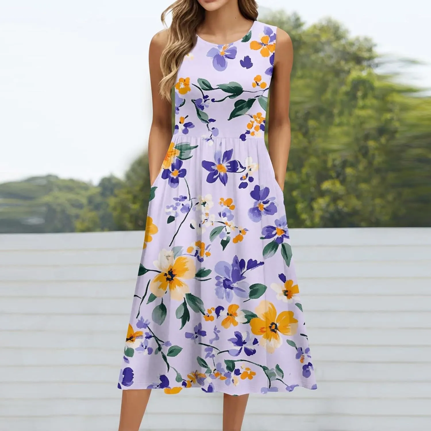 Summer Dress for Women Crewneck Sleeveless A-Line Tank Midi Dress Boho Floral Print Beach Sundresses with Pockets
