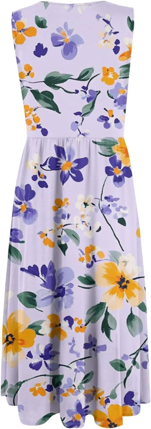 Summer Dress for Women Crewneck Sleeveless A-Line Tank Midi Dress Boho Floral Print Beach Sundresses with Pockets