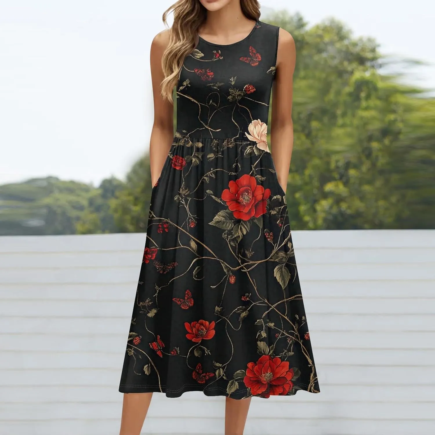 Summer Dress for Women Crewneck Sleeveless A-Line Tank Midi Dress Boho Floral Print Beach Sundresses with Pockets