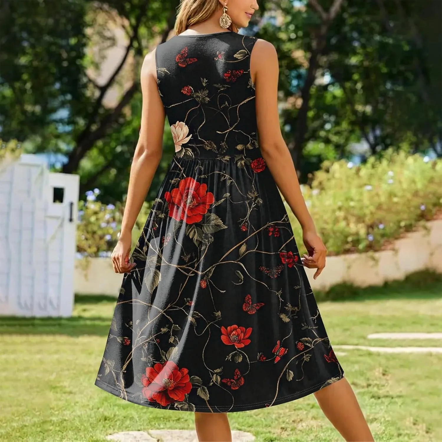 Summer Dress for Women Crewneck Sleeveless A-Line Tank Midi Dress Boho Floral Print Beach Sundresses with Pockets