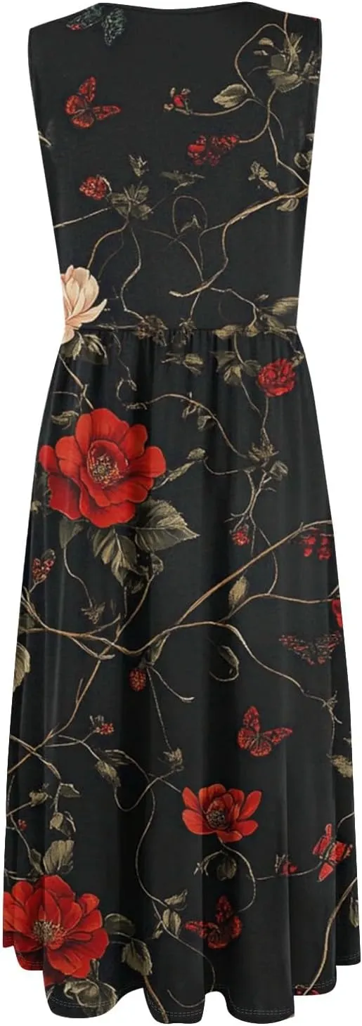 Summer Dress for Women Crewneck Sleeveless A-Line Tank Midi Dress Boho Floral Print Beach Sundresses with Pockets